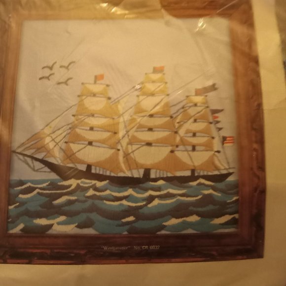 Vintage Crewel kit sealed gorgeous ship design finished size 14x14 in